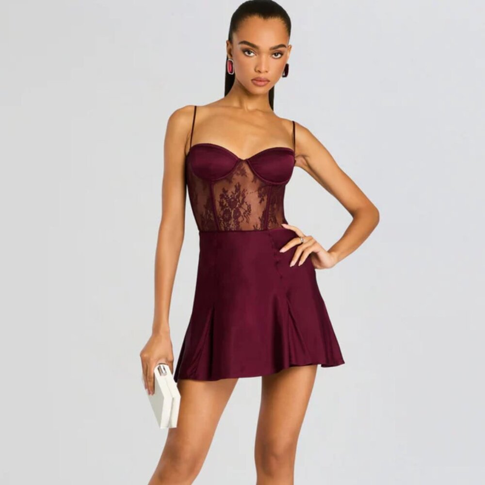 Retrofete Burgundy Lace Bustier Mini Dress